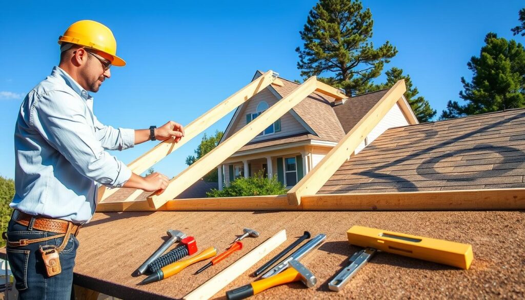 A step-by-step guide to constructing a roof, depicted in a clear, instructional style. In the foreground, a skilled carpenter, dressed in professional attire, measures wooden beams with precision. In the middle ground, tools laid out neatly, including a hammer, nails, and a level, with a partially constructed roof frame showcasing various layers of roofing – insulation, sheathing, and shingles. In the background, a suburban home provides context, surrounded by trees under a bright blue sky, casting soft shadows. The lighting is natural and bright, enhancing the details of the materials used. The overall atmosphere is focused and meticulous, representing a professional workspace dedicated to quality craftsmanship. A step-by-step guide to constructing a roof, depicted in a clear, instructional style. In the foreground, a skilled carpenter, dressed in professional attire, measures wooden beams with precision. In the middle ground, tools laid out neatly, including a hammer, nails, and a level, with a partially constructed roof frame showcasing various layers of roofing – insulation, sheathing, and shingles. In the background, a suburban home provides context, surrounded by trees under a bright blue sky, casting soft shadows. The lighting is natural and bright, enhancing the details of the materials used. The overall atmosphere is focused and meticulous, representing a professional workspace dedicated to quality craftsmanship.