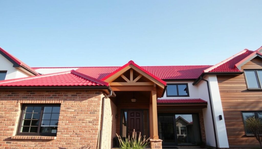 A striking residential exterior featuring a vibrant red roof, showcasing a variety of facade material options. In the foreground, display a charming brick wall in earthy tones next to smooth white stucco, harmonizing with the bold roof. In the middle ground, include wooden accents with a natural finish, contrasting beautifully with the red. The background reveals a clear blue sky, with soft, diffused sunlight highlighting the textures and colors of the facades. The mood is inviting and warm, evoking a sense of home and style. Use a wide-angle lens for an expansive view, capturing both architectural details and the lovely environment. Ensure there are no people in the image, allowing the architecture to take center stage without distractions.