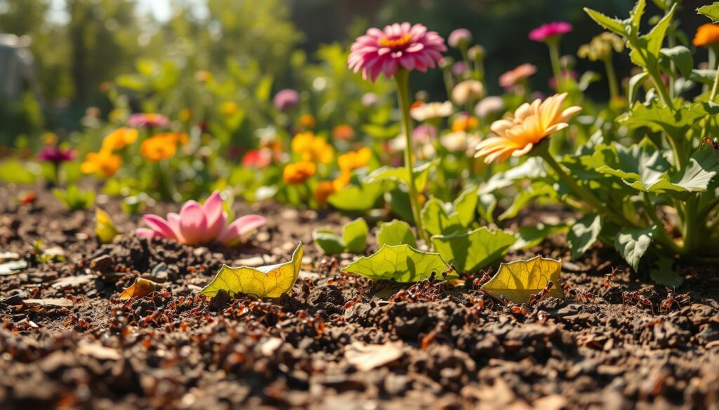 A struggling garden scene overwhelmed by tiny ants, disrupting the plant life. In the foreground, close-up views showcase clusters of ants crawling over wilted leaves and scattered soil, illustrating their invasive presence. In the middle ground, vibrant flowers and vegetables reveal signs of damage, with some plants slightly leaning or wilting due to ant interference. The background features a sunny garden with lush greenery, creating a stark contrast to the chaos in the foreground. Soft, warm lighting enhances the vibrant colors of the garden while casting gentle shadows, suggesting a tranquil environment turned problematic. The mood is tense yet evocative, highlighting the challenges posed by ants in a serene garden setting. A struggling garden scene overwhelmed by tiny ants, disrupting the plant life. In the foreground, close-up views showcase clusters of ants crawling over wilted leaves and scattered soil, illustrating their invasive presence. In the middle ground, vibrant flowers and vegetables reveal signs of damage, with some plants slightly leaning or wilting due to ant interference. The background features a sunny garden with lush greenery, creating a stark contrast to the chaos in the foreground. Soft, warm lighting enhances the vibrant colors of the garden while casting gentle shadows, suggesting a tranquil environment turned problematic. The mood is tense yet evocative, highlighting the challenges posed by ants in a serene garden setting.