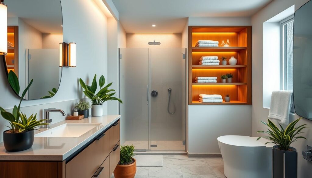A stylish and modern bathroom interior featuring a harmonious blend of colors and materials. The foreground showcases a chic vanity with a sleek sink and elegant fixtures, adorned with green potted plants to add a touch of nature. In the middle ground, there’s a spacious walk-in shower with frosted glass doors, accented by warm wooden shelving displaying neatly arranged towels and decor. The background features a soothing palette of soft blues and whites, creating a calm atmosphere, complemented by warm ambient lighting that softly illuminates the space. The image is taken from a slightly elevated angle, focusing on the overall layout and design, reflecting a contemporary yet inviting bathroom style.