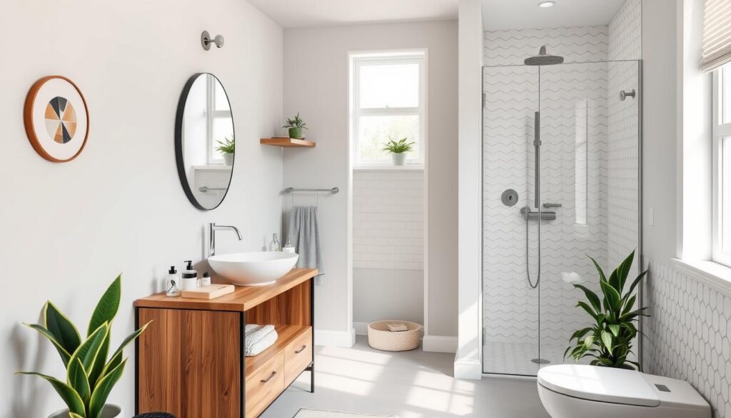 A stylish bathroom renovation scene showcasing a transformation without tiles, depicting a modern, budget-friendly aesthetic. In the foreground, feature freshly painted walls in soft, calming colors, a chic wooden vanity with a vessel sink, and eco-friendly decor elements such as potted plants. The middle ground includes a contemporary mirror with LED lights, and organized toiletries neatly arranged. In the background, a small space with a shower area using water-resistant wallpaper instead of tiles, revealing a clean, minimalist design. Soft, natural light filters in through a window, creating a warm and inviting atmosphere. The scene should evoke a sense of achievable elegance, perfect for inspiring DIY enthusiasts. Capture from a slightly elevated angle to emphasize the depth and layout of the space.