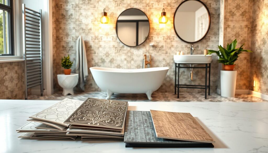 A stylish bathroom scene showcasing various options for updating old tiles without demolition. In the foreground, display different materials like vinyl flooring, peel-and-stick tiles, and waterproof paint samples, artfully arranged on a clean surface. In the middle ground, a beautifully decorated bathroom features elegant new overlays on outdated tiles, with a modern sink, a sleek bathtub, and a well-placed mirror reflecting soft natural light. The background can include subtle hints of existing tile patterns to illustrate the contrast between old and new. Use warm, inviting lighting to create a cozy atmosphere. Capture the scene from a slightly elevated angle for a comprehensive view of the design choices, emphasizing the potential transformation. A stylish bathroom scene showcasing various options for updating old tiles without demolition. In the foreground, display different materials like vinyl flooring, peel-and-stick tiles, and waterproof paint samples, artfully arranged on a clean surface. In the middle ground, a beautifully decorated bathroom features elegant new overlays on outdated tiles, with a modern sink, a sleek bathtub, and a well-placed mirror reflecting soft natural light. The background can include subtle hints of existing tile patterns to illustrate the contrast between old and new. Use warm, inviting lighting to create a cozy atmosphere. Capture the scene from a slightly elevated angle for a comprehensive view of the design choices, emphasizing the potential transformation.