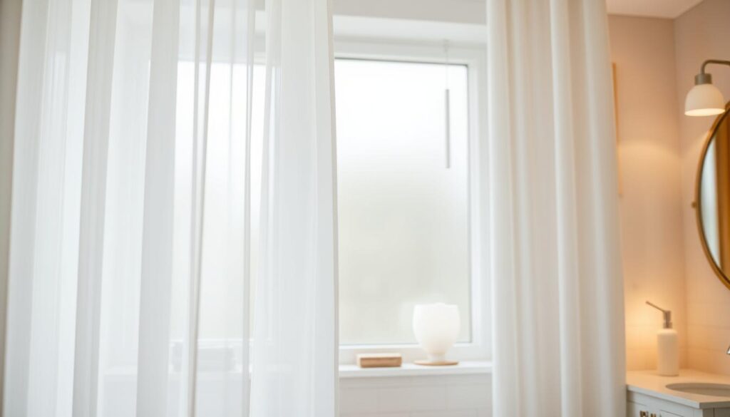 A stylish bathroom window adorned with delicate, sheer curtains that softly diffuse natural light, creating an elegant ambiance. In the foreground, focus on the curtains, which are made of lightweight, light-colored fabric, gently billowing as if caught in a light breeze. The middle layer features a tasteful window frame, complemented by subtle decorative elements like elegant curtain rods and minimalistic accessories. In the background, a serene bathroom scene with softly colored tiles and natural wood accents, illuminated by warm lighting to enhance the cozy atmosphere. Ensure the overall composition conveys a sense of tranquility and sophistication, suitable for a modern bathroom setting. No people or text present in the image.