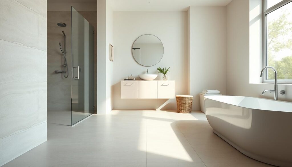 A stylish modern bathroom showcasing beautifully arranged "płytki łazienkowe" with a focus on minimalism. In the foreground, prominently feature sleek ceramic tiles in soft pastel colors with subtle textures, reflecting light elegantly. The middle ground includes a simple and elegant vanity, adorned with minimalistic accessories like a small plant and a neatly folded towel. The background reveals a lightly painted wall that complements the tiles, and a large window allowing natural light to flood the space, enhancing the serene ambience. Capture the scene with soft, diffused lighting, using a wide-angle lens to highlight the spacious feel, evoking a clean, peaceful atmosphere ideal for modern bathrooms. A stylish modern bathroom showcasing beautifully arranged "płytki łazienkowe" with a focus on minimalism. In the foreground, prominently feature sleek ceramic tiles in soft pastel colors with subtle textures, reflecting light elegantly. The middle ground includes a simple and elegant vanity, adorned with minimalistic accessories like a small plant and a neatly folded towel. The background reveals a lightly painted wall that complements the tiles, and a large window allowing natural light to flood the space, enhancing the serene ambience. Capture the scene with soft, diffused lighting, using a wide-angle lens to highlight the spacious feel, evoking a clean, peaceful atmosphere ideal for modern bathrooms.