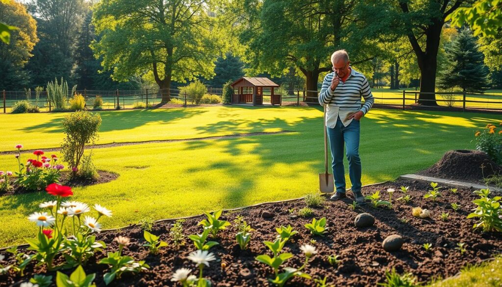 A tranquil garden scene depicting a variety of strategies to eliminate moles. In the foreground, a well-maintained garden bed filled with flowers and vegetables, with small traps or natural deterrents like castor oil placed strategically. The middle ground shows a gardener, dressed in casual yet modest clothing, inspecting the soil for signs of moles, holding a small spade. In the background, a lush green lawn with a few trees, and natural barriers like fences, emphasizing a peaceful yet vigilant atmosphere. Soft, warm sunlight filters through the trees, casting gentle shadows, creating a serene and proactive mood. The image captures a blend of nature and strategy in a clear and inviting way. A tranquil garden scene depicting a variety of strategies to eliminate moles. In the foreground, a well-maintained garden bed filled with flowers and vegetables, with small traps or natural deterrents like castor oil placed strategically. The middle ground shows a gardener, dressed in casual yet modest clothing, inspecting the soil for signs of moles, holding a small spade. In the background, a lush green lawn with a few trees, and natural barriers like fences, emphasizing a peaceful yet vigilant atmosphere. Soft, warm sunlight filters through the trees, casting gentle shadows, creating a serene and proactive mood. The image captures a blend of nature and strategy in a clear and inviting way.