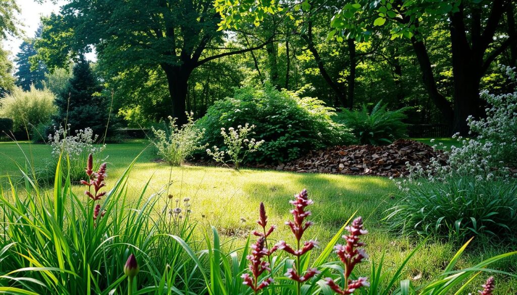 A tranquil garden scene depicting various hiding spots for ticks, illustrating nature's undergrowth. In the foreground, a patch of tall grasses and wildflowers, offering shelter and shade. The middle ground features a cluster of thick bushes and a pile of fallen leaves, ideal for ticks to conceal themselves. In the background, dense trees with dappled sunlight filtering through the leaves, creating a serene atmosphere. The lighting is soft and natural, evoking a calm early morning or late afternoon. The image captures the essence of a peaceful garden while subtly emphasizing the hidden dangers of tick habitats. The overall mood is grounded in nature, inviting yet alerting the viewer to the presence of ticks in these areas. A tranquil garden scene depicting various hiding spots for ticks, illustrating nature's undergrowth. In the foreground, a patch of tall grasses and wildflowers, offering shelter and shade. The middle ground features a cluster of thick bushes and a pile of fallen leaves, ideal for ticks to conceal themselves. In the background, dense trees with dappled sunlight filtering through the leaves, creating a serene atmosphere. The lighting is soft and natural, evoking a calm early morning or late afternoon. The image captures the essence of a peaceful garden while subtly emphasizing the hidden dangers of tick habitats. The overall mood is grounded in nature, inviting yet alerting the viewer to the presence of ticks in these areas.
