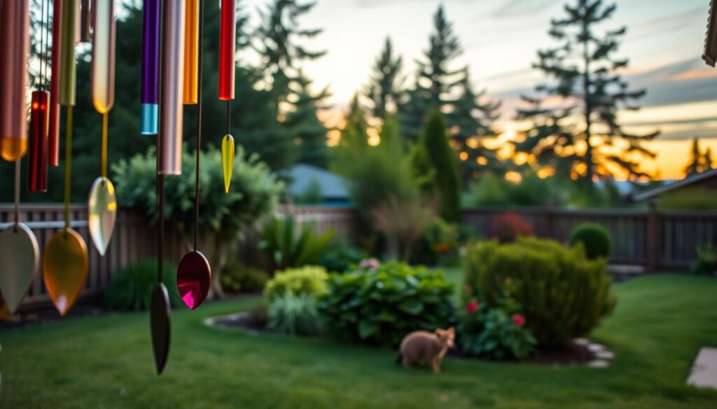 A tranquil garden setting during dusk, capturing a unique sound deterrent method to scare away pine martens. In the foreground, a variety of colorful wind chimes gently swaying in the breeze, reflecting soft hues of orange and purple from the sunset. The middle ground features a well-maintained garden with lush green plants and a decorative fence, while a small, cautious pine marten peeks from behind a bush, its fur finely detailed. The background showcases tall trees and a serene sky, giving a sense of a peaceful home environment. The overall mood is one of subtle tension, balanced with tranquility, as the soft sounds of the chimes fill the air. The lighting is warm and inviting, capturing the essence of dusk with a shallow depth of field emphasizing the chimes.