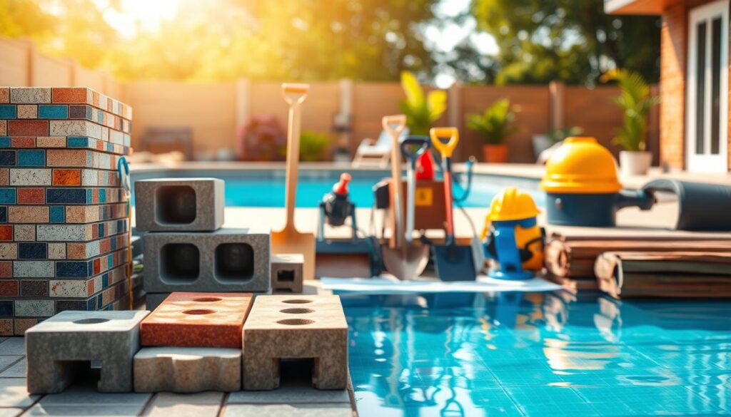 A variety of construction materials for building a swimming pool, prominently displayed in the foreground. Include items like colorful tiles, sturdy concrete blocks, and high-quality pool liners arranged neatly. In the middle, show tools such as shovels, a mixing machine, and safety gear, emphasizing the construction aspect. In the background, illustrate a blurred garden scene with a partially constructed pool, capturing the essence of a home improvement project. Utilize warm, natural lighting to evoke a sense of optimism and excitement. The angle should provide a slight upward perspective to emphasize the materials' importance. The overall atmosphere should be professional yet inviting, showcasing the practical elements of pool construction without any distractions. A variety of construction materials for building a swimming pool, prominently displayed in the foreground. Include items like colorful tiles, sturdy concrete blocks, and high-quality pool liners arranged neatly. In the middle, show tools such as shovels, a mixing machine, and safety gear, emphasizing the construction aspect. In the background, illustrate a blurred garden scene with a partially constructed pool, capturing the essence of a home improvement project. Utilize warm, natural lighting to evoke a sense of optimism and excitement. The angle should provide a slight upward perspective to emphasize the materials' importance. The overall atmosphere should be professional yet inviting, showcasing the practical elements of pool construction without any distractions.