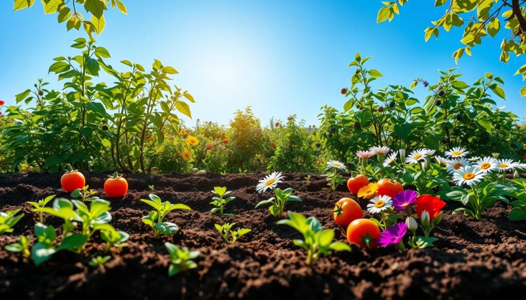 A vibrant April garden scene depicting a variety of vegetables, flowers, and shrubs that are ideal for planting this month. In the foreground, show freshly tilled soil with young seedlings of tomatoes, peppers, and eggplants, alongside colorful pansies and daisies. In the middle ground, illustrate lush greenery with small, healthy fruit bushes like strawberries and blueberries, bursting with new growth. The background features a clear blue sky, warm sunlight filtering through leafy branches, creating a cheerful and productive atmosphere. Capture the scene from a slightly elevated angle to provide depth, highlighting the organized beauty of the garden. Aim for bright and inviting colors to evoke a sense of spring renewal and enthusiasm for gardening.
