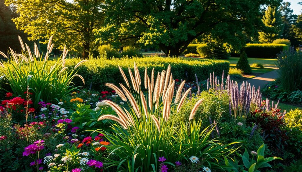 A vibrant and diverse garden showcasing a variety of healthy plants, designed to illustrate the advantages of botanical diversity. In the foreground, lush greenery features a mix of flowering shrubs, colorful perennials, and ornamental grasses swaying gently in a soft breeze. The middle ground highlights a low hedgerow made of native species, blending harmoniously with tall, leafy trees providing dappled sunlight. In the background, a serene garden path meanders through the rich landscape, inviting exploration. The lighting is warm and golden, capturing the essence of a late afternoon with clear skies. The atmosphere is lively and refreshing, evoking a sense of tranquility and the beauty of nature's variety, perfect for promoting the health benefits of a diverse garden ecosystem.