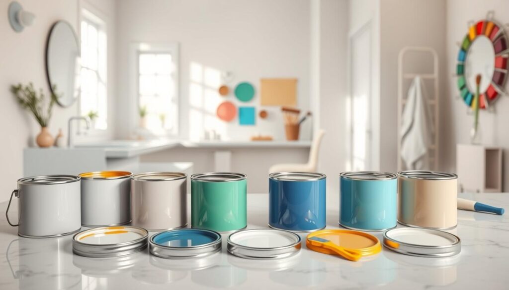 A vibrant and informative display of various bathroom paint types laid out on a clean, modern countertop. In the foreground, several open paint cans showcase different colors and finishes, including matte, semi-gloss, and glossy textures, reflecting how they interact with light. The middle ground features a well-lit bathroom scene with fresh paint swatches on the walls, illustrating the differences in sheen and color saturation. The background consists of neatly arranged paintbrushes, rollers, and a color wheel, emphasizing the painting process. Soft, natural light streams through a nearby window, creating a bright and inviting atmosphere. Focus on sharp details of the paint textures and colors while maintaining a professional and polished appearance.