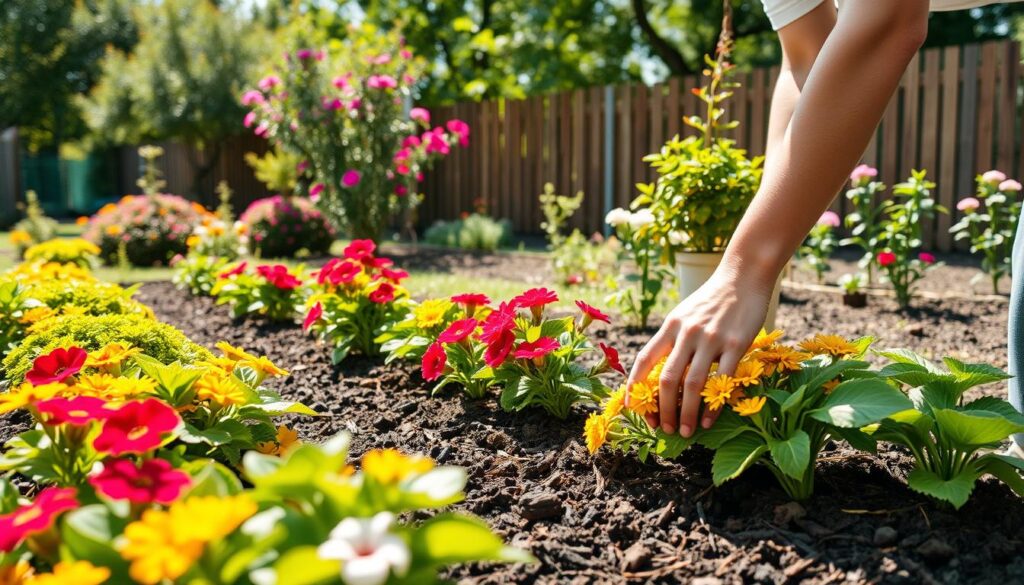 A vibrant and well-maintained garden illustrating the importance of transplanting plants. In the foreground, a gardener, dressed in modest casual clothing, is gently replanting colorful flowering perennials into rich, dark soil, showcasing their lush green leaves. In the middle ground, a variety of healthy shrubs and small trees with vibrant blossoms highlight the diversity of plant life. The background features a serene garden setting with a wooden fence, sunlight filtering through the leaves, creating dappled shadows on the ground. The atmosphere is warm and inviting, evoking a sense of care and nurturing. Soft, natural lighting accentuates the textures of the plants, enhancing the overall scene's freshness and vitality.