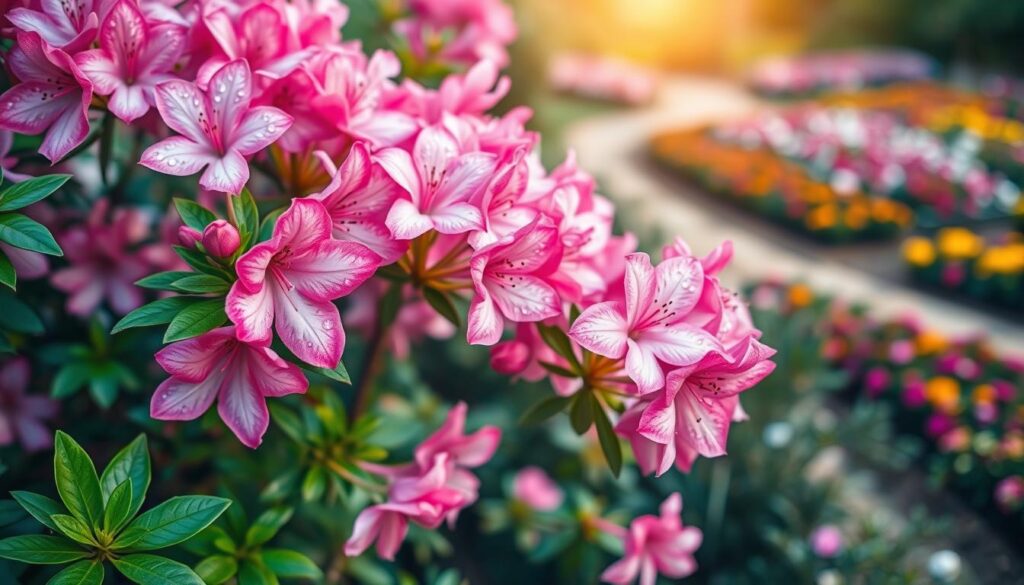 A vibrant azalea bush in full bloom, showcasing an array of pink and white flowers, nestled within a lush garden. In the foreground, the delicate petals are highlighted by soft morning light, glistening with dew drops, inviting admiration. The middle section of the image features green foliage and well-tended garden beds, adding depth to the composition. In the background, a blurred hint of a quaint, sunlit garden path and colorful flower beds creates a tranquil atmosphere. A lens with a shallow depth of field adds focus on the azalea while softly blurring the surrounding elements, evoking a peaceful and serene garden ambiance. Overall, the image captures the essence of azaleas thriving in their natural, outdoor setting.
