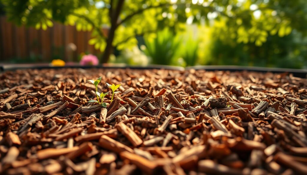 A vibrant, close-up view of a garden bed filled with organic wood chip mulch, showcasing the texture and rich brown color of the chips. In the foreground, focus on the rough, uneven surfaces of the wood chips that highlight their natural essence. The middle section features small plants peeking through the mulch, emphasizing the benefits of wood chips as a moisture-retaining layer for soil. In the background, a serene garden scene with soft, diffused sunlight filtering through leafy branches creates a warm, inviting atmosphere. The lens should capture a slight depth of field to draw attention to the foreground texture while softly blurring the background. The overall mood is peaceful and eco-friendly, illustrating the advantages of using wood chips as an alternative to traditional bark mulch.