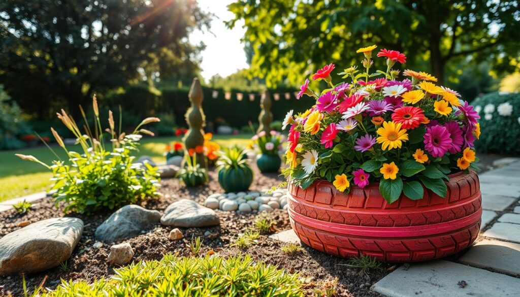 A vibrant, creative garden scene featuring a tire repurposed as a stylish flower pot. In the foreground, the tire is painted in bright colors, overflowing with a variety of blooming flowers and lush green foliage. The middle ground shows a beautifully landscaped garden with various plants and decorative stones, adding texture and depth. In the background, soft sunlight filters through the leaves of nearby trees, casting gentle shadows and enhancing the peaceful atmosphere. The angle captures the tire pot from eye level, emphasizing its uniqueness and aesthetic charm. The overall mood is refreshing and artistic, inviting viewers to appreciate innovative recycling in gardening.