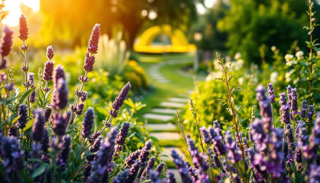 A vibrant garden scene displaying various plants known to repel ticks, such as lavender, rosemary, and lemon balm, prominently in the foreground. The plants should be lush and healthy, with vivid colors and intricate details that showcase their leaves and flowers. In the middle ground, a soft-focus view of a well-maintained garden path winds through the foliage, inviting viewers into the scene. The background features blurred trees and a hint of an open sky, bathed in warm, natural sunlight to create a peaceful, inviting atmosphere. The perspective is a slightly elevated angle, capturing both the beauty of the plants and the serenity of the garden. The overall mood is refreshing and inviting, perfect for emphasizing natural tick prevention methods. A vibrant garden scene displaying various plants known to repel ticks, such as lavender, rosemary, and lemon balm, prominently in the foreground. The plants should be lush and healthy, with vivid colors and intricate details that showcase their leaves and flowers. In the middle ground, a soft-focus view of a well-maintained garden path winds through the foliage, inviting viewers into the scene. The background features blurred trees and a hint of an open sky, bathed in warm, natural sunlight to create a peaceful, inviting atmosphere. The perspective is a slightly elevated angle, capturing both the beauty of the plants and the serenity of the garden. The overall mood is refreshing and inviting, perfect for emphasizing natural tick prevention methods.