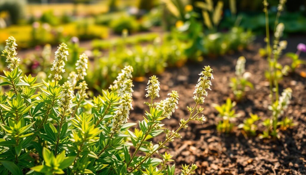 A vibrant garden scene featuring a healthy clump of lemon verbena (Aloysia citriodora) plants in the foreground, showcasing their lush green leaves and delicate white flowers. The plants should exude a lively freshness, capturing the essence of their growth requirements. In the middle ground, a well-maintained garden with rich, fertile soil and sun-drenched areas highlights optimal growing conditions, such as proper spacing and sunlight exposure. The background consists of a soft, blurred garden landscape with hints of other plants, creating a harmonious and inviting atmosphere. The lighting is warm and natural, as if illuminated by a golden afternoon sun, enhancing the vibrancy of the leaves. The overall mood is serene and encouraging, reflecting the potential for successful cultivation in a Polish garden setting. A vibrant garden scene featuring a healthy clump of lemon verbena (Aloysia citriodora) plants in the foreground, showcasing their lush green leaves and delicate white flowers. The plants should exude a lively freshness, capturing the essence of their growth requirements. In the middle ground, a well-maintained garden with rich, fertile soil and sun-drenched areas highlights optimal growing conditions, such as proper spacing and sunlight exposure. The background consists of a soft, blurred garden landscape with hints of other plants, creating a harmonious and inviting atmosphere. The lighting is warm and natural, as if illuminated by a golden afternoon sun, enhancing the vibrancy of the leaves. The overall mood is serene and encouraging, reflecting the potential for successful cultivation in a Polish garden setting.