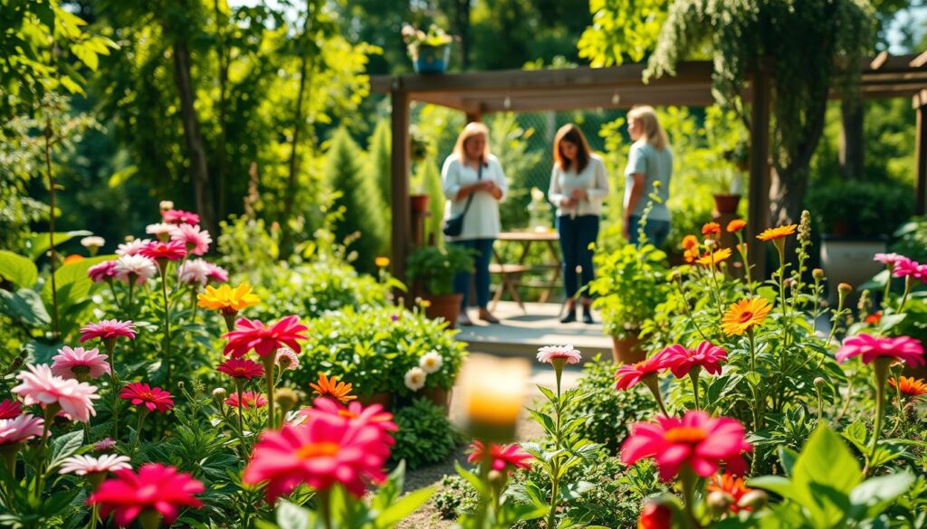 A vibrant garden scene focusing on effective methods for combating pesky black flies. In the foreground, display a beautiful garden with blooming flowers, a well-maintained vegetable patch, and small, natural repellents like citronella candles and potted herbs. The middle ground should feature a patio area with people dressed in modest casual clothing demonstrating the use of a natural fly trap and applying essential oils to plants. In the background, lush greenery surrounds the garden, with sunlight filtering through the leaves, creating a warm and inviting atmosphere. Use a shallow depth of field to emphasize the garden details while softly blurring the background, capturing a serene and productive outdoor space.