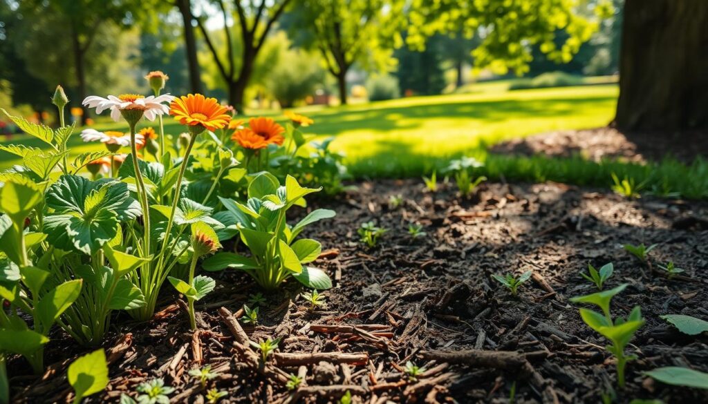 A vibrant garden scene focusing on the protection of plants against grubs. In the foreground, healthy green plants and flowers are flourishing, with a protective layer of organic mulch spread around their base. In the middle ground, soft sunlight filters through a canopy of trees, illuminating small, benevolent insects like ladybugs and lacewings, which symbolize natural pest control. In the background, a well-maintained lawn features patches of earth where grub damages are evident, showcasing the importance of care. The atmosphere is optimistic and harmonious, suggesting a thriving ecosystem. The image should have a bright, natural lighting effect, capturing a feeling of serenity and vigilance amidst potential threats. Use a slight depth of field to focus clearly on the plants while softly blurring the background.