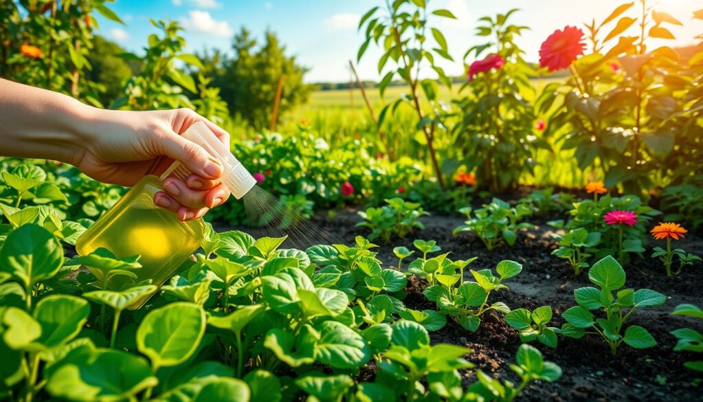 A vibrant garden scene showcasing a variety of lush green plants, with a focus on healthy foliage and colorful flowers. In the foreground, depict a gentle hand using an organic pest control spray on problematic areas, symbolizing eco-friendly plant protection against ants. The middle ground should feature well-tended garden beds with thriving vegetables and herbs, while some ants can be seen scurrying discreetly along the soil, emphasizing the article's theme. The background contains a serene landscape with bright blue skies and soft sunlight filtering through the leaves, casting a warm, inviting glow. Capture the essence of nature and harmony, illustrating a balance between effective plant care and natural ecosystems. A vibrant garden scene showcasing a variety of lush green plants, with a focus on healthy foliage and colorful flowers. In the foreground, depict a gentle hand using an organic pest control spray on problematic areas, symbolizing eco-friendly plant protection against ants. The middle ground should feature well-tended garden beds with thriving vegetables and herbs, while some ants can be seen scurrying discreetly along the soil, emphasizing the article's theme. The background contains a serene landscape with bright blue skies and soft sunlight filtering through the leaves, casting a warm, inviting glow. Capture the essence of nature and harmony, illustrating a balance between effective plant care and natural ecosystems.