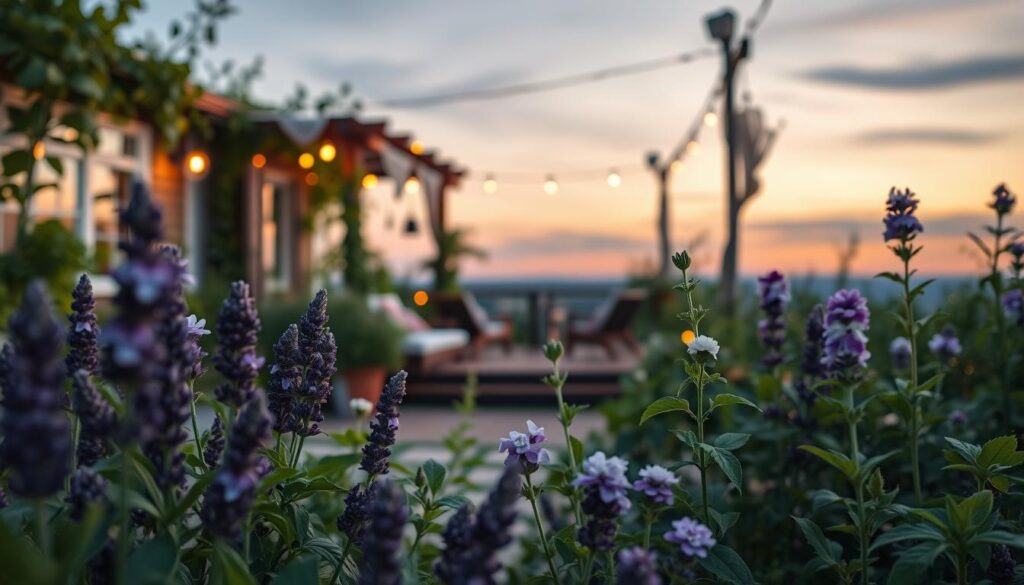 A vibrant garden scene showcasing a variety of mosquito-repellent plants, such as lavender, basil, and citronella, in the foreground. The plants are lush and green, with flowers in full bloom, emitting a fragrant aura. In the middle ground, a cozy, rustic wooden terrace can be seen, subtly illuminated by warm, soft lighting that suggests a tranquil evening atmosphere. The background features a peaceful, twilight sky with soft pastels blending into deeper blues, enhancing the garden's serene vibe. The overall mood is calm and inviting, perfect for enjoying a peaceful evening without the annoyance of mosquitoes. Focus on natural colors and detailed textures of the plants, emphasizing their health and vibrancy. The composition invites viewers to imagine a bug-free outdoor space. A vibrant garden scene showcasing a variety of mosquito-repellent plants, such as lavender, basil, and citronella, in the foreground. The plants are lush and green, with flowers in full bloom, emitting a fragrant aura. In the middle ground, a cozy, rustic wooden terrace can be seen, subtly illuminated by warm, soft lighting that suggests a tranquil evening atmosphere. The background features a peaceful, twilight sky with soft pastels blending into deeper blues, enhancing the garden's serene vibe. The overall mood is calm and inviting, perfect for enjoying a peaceful evening without the annoyance of mosquitoes. Focus on natural colors and detailed textures of the plants, emphasizing their health and vibrancy. The composition invites viewers to imagine a bug-free outdoor space.