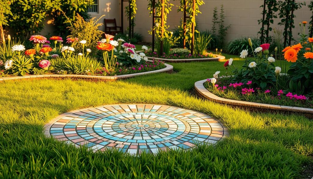 A vibrant garden scene showcasing beautifully crafted mosaics and decorative tile arrangements. In the foreground, a circular mosaic made of colorful ceramic tiles forms a stunning pattern, surrounded by lush green grass and blooming flowers. The middle ground features decorative tile borders outlining flower beds, blending seamlessly with the natural landscape. In the background, hints of a trellis with climbing plants, casting soft shadows in the warm afternoon sunlight. The overall atmosphere is serene and inviting, emphasizing creativity and the beauty of repurposing tiles. The lighting is soft and warm, highlighting the textures and colors of the tiles, captured in a slightly elevated angle to encompass the entire composition. A vibrant garden scene showcasing beautifully crafted mosaics and decorative tile arrangements. In the foreground, a circular mosaic made of colorful ceramic tiles forms a stunning pattern, surrounded by lush green grass and blooming flowers. The middle ground features decorative tile borders outlining flower beds, blending seamlessly with the natural landscape. In the background, hints of a trellis with climbing plants, casting soft shadows in the warm afternoon sunlight. The overall atmosphere is serene and inviting, emphasizing creativity and the beauty of repurposing tiles. The lighting is soft and warm, highlighting the textures and colors of the tiles, captured in a slightly elevated angle to encompass the entire composition.
