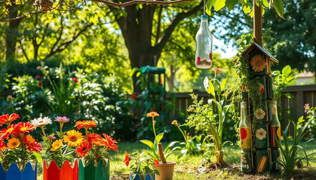 A vibrant garden scene showcasing creative uses for plastic bottles. In the foreground, several colorful flower planters made from cut and decorated plastic bottles display bright blooms, while a whimsical bird feeder hangs from a nearby tree, crafted from a clear bottle with an artistic twist. In the middle ground, a vertical garden made of stacked, painted bottles supports trailing herbs and green plants, surrounded by lush greenery. In the background, sunlight filters through the leaves of trees, casting dappled shadows on the ground, creating a warm, inviting atmosphere. The scene is captured in natural daylight with a soft focus, emphasizing the innovative DIY nature of the garden while maintaining a cheerful and eco-friendly mood. A vibrant garden scene showcasing creative uses for plastic bottles. In the foreground, several colorful flower planters made from cut and decorated plastic bottles display bright blooms, while a whimsical bird feeder hangs from a nearby tree, crafted from a clear bottle with an artistic twist. In the middle ground, a vertical garden made of stacked, painted bottles supports trailing herbs and green plants, surrounded by lush greenery. In the background, sunlight filters through the leaves of trees, casting dappled shadows on the ground, creating a warm, inviting atmosphere. The scene is captured in natural daylight with a soft focus, emphasizing the innovative DIY nature of the garden while maintaining a cheerful and eco-friendly mood.