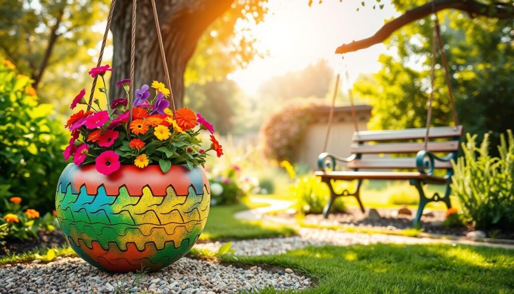 A vibrant garden scene showcasing creative uses of a tire in various projects. In the foreground, a colorful flower pot made from a carefully cut and painted tire, overflowing with bright flowers like petunias and marigolds. Beside it, an artistic tire swing hangs from a sturdy tree branch, inviting for play. In the middle ground, a path made of gravel leads to a charming garden bench, surrounded by lush greenery and decorative stones. The background features a soft-focus view of a sunny sky, casting warm, inviting light over the scene. The atmosphere is joyful and serene, perfect for garden enthusiasts looking for innovative recycling ideas. The angle captures the essence of gardening happiness, evoking a sense of creativity and sustainability.