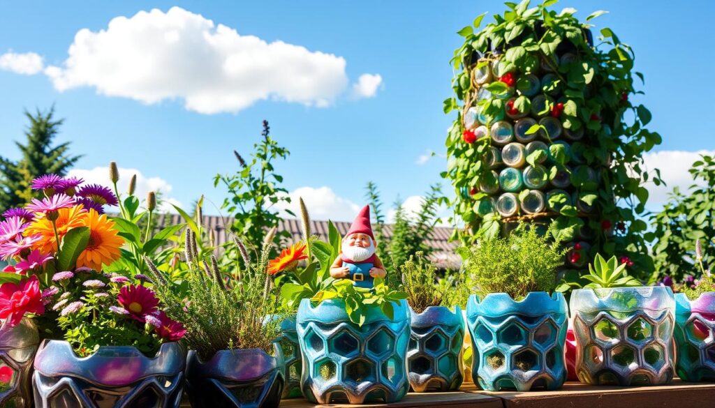 A vibrant garden scene showcasing eco-friendly ways to utilize plastic bottles. In the foreground, several creatively designed planters made from cut plastic bottles, filled with colorful flowers and herbs. In the middle, a vertical garden constructed from stacked bottles, lush with green climbing plants, featuring a small garden gnome for a playful touch. The background includes a sunny day with a clear blue sky and a few fluffy white clouds. Soft, natural lighting highlights the textures of the plastic and the greenery, while shadows cast a warm glow across the scene. The overall mood is cheerful and inviting, emphasizing sustainability and creativity in gardening. A vibrant garden scene showcasing eco-friendly ways to utilize plastic bottles. In the foreground, several creatively designed planters made from cut plastic bottles, filled with colorful flowers and herbs. In the middle, a vertical garden constructed from stacked bottles, lush with green climbing plants, featuring a small garden gnome for a playful touch. The background includes a sunny day with a clear blue sky and a few fluffy white clouds. Soft, natural lighting highlights the textures of the plastic and the greenery, while shadows cast a warm glow across the scene. The overall mood is cheerful and inviting, emphasizing sustainability and creativity in gardening.
