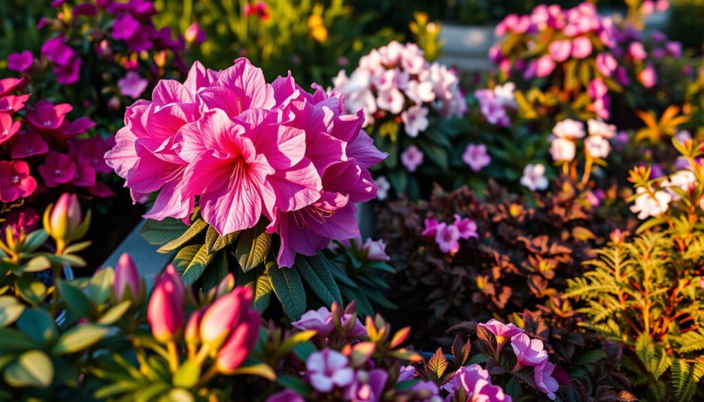 A vibrant garden scene showcasing elegant floral arrangements featuring a lush rhododendron in full bloom as the focal point, surrounded by complementary acid-loving and shade-loving plants like azaleas, ferns, and heucheras. In the foreground, detailed close-ups of colorful blooms and textured foliage create depth. The middle ground features the rhododendron in a rich pink hue, complemented by clusters of soft pastel flowers from neighboring plants. The background includes a soft-focus of greenery, enhancing the tranquil atmosphere. The lighting is warm and golden, suggesting late afternoon sun, casting gentle shadows. The overall mood is serene and inviting, perfect for a peaceful garden setting, captured with a wide-angle lens to encompass the beauty of the arrangement.