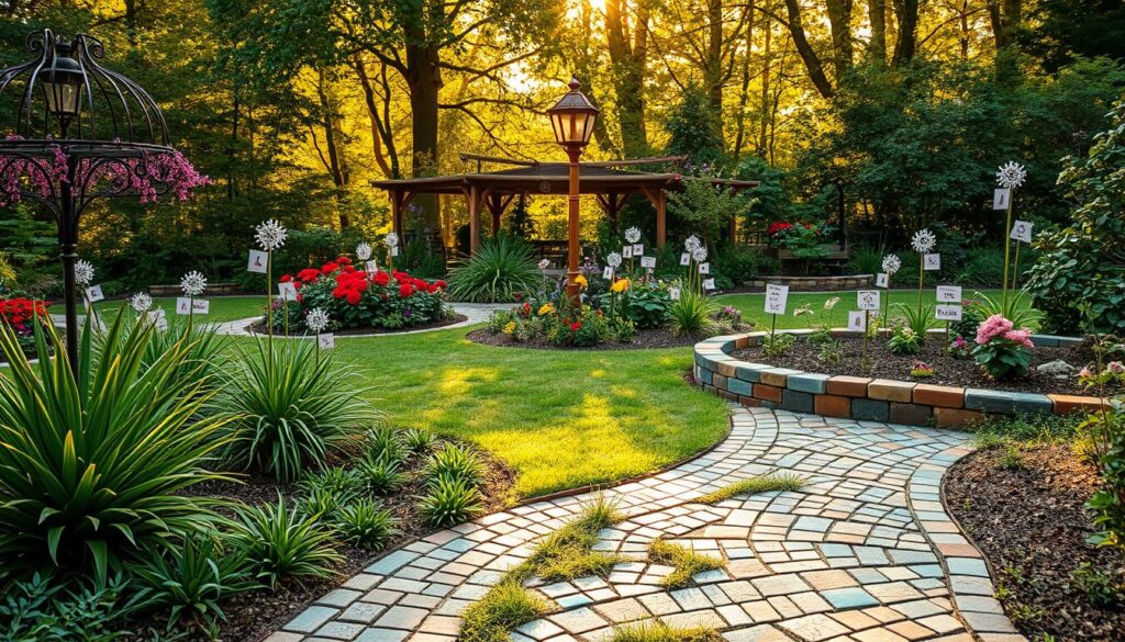 A vibrant garden scene showcasing the creative use of leftover tiles in various forms. In the foreground, intricate mosaic patterns made from colorful tile fragments are embedded in a winding garden path, drawing the eye. The middle ground features decorative tile borders framing flower beds, while a small herb garden displays tiles as stylish plant markers. The background is filled with lush greenery and blooming flowers, illuminated by soft, golden sunlight filtering through the trees, creating a warm and inviting atmosphere. The scene captures a serene outdoor space that emphasizes sustainability and creativity in gardening. Ideal for illustrating innovative garden ideas, with a focus on aesthetics and practical applications. A vibrant garden scene showcasing the creative use of leftover tiles in various forms. In the foreground, intricate mosaic patterns made from colorful tile fragments are embedded in a winding garden path, drawing the eye. The middle ground features decorative tile borders framing flower beds, while a small herb garden displays tiles as stylish plant markers. The background is filled with lush greenery and blooming flowers, illuminated by soft, golden sunlight filtering through the trees, creating a warm and inviting atmosphere. The scene captures a serene outdoor space that emphasizes sustainability and creativity in gardening. Ideal for illustrating innovative garden ideas, with a focus on aesthetics and practical applications.