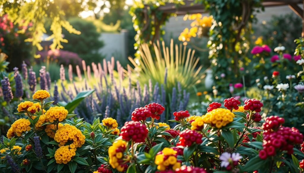 A vibrant garden scene showcasing various compositions featuring barberry shrubs. In the foreground, clusters of bright yellow and red barberry berries create a striking contrast against lush green foliage. The middle ground features an assortment of companion plants, such as lavender, ornamental grasses, and flowering perennials, adding depth and color harmony. The background includes a soft-focus trellis adorned with climbing vines, surrounded by dappled sunlight filtering through overhanging branches, creating an inviting atmosphere. Use a warm, golden hour lighting effect to enhance the colors, captured with a slight depth of field to emphasize the foreground barberries while gently blurring the background. The overall mood is serene and harmonious, ideal for showcasing garden design ideas.