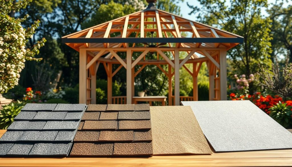 A vibrant, informative scene showcasing various roofing materials suited for a garden gazebo. In the foreground, display neatly arranged samples of asphalt shingles, polycarbonate panels, metal sheets, and roofing felt, with textured details highlighted by soft natural light. The middle ground features an elegant gazebo under construction, with half of the roof covered in each material, illustrating their characteristics. The background enhances the atmosphere with a lush garden setting, surrounded by blooming flowers and greenery. Capture the image with a warm, bright ambiance, using a wide-angle lens to emphasize depth and detail, inviting viewers to engage with the comparison of roofing options. The overall mood should be inviting and educational, perfect for a home improvement context.