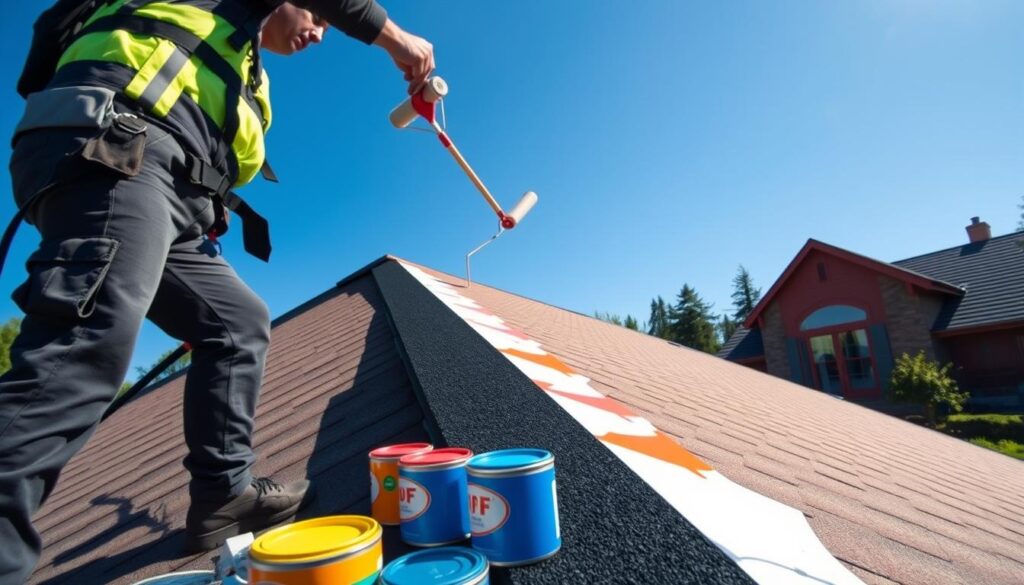 A vibrant scene depicting a professional painter carefully applying a fresh coat of paint to a sloped roof. In the foreground, the painter, dressed in smart casual attire with a safety harness, uses a roller on a long extension pole, focusing intently on the shingles. The middle ground showcases an array of paint cans in bright colors, suggesting various options, along with tools like brushes and a ladder. In the background, a clear blue sky contrasts with the rich colors of a well-maintained house, surrounded by lush greenery and a few distant trees. The sunlight casts gentle shadows, creating a warm and inviting atmosphere that emphasizes the importance of roof maintenance. The angle should capture a dynamic viewpoint, emphasizing both the painter's detailed work and the picturesque setting. A vibrant scene depicting a professional painter carefully applying a fresh coat of paint to a sloped roof. In the foreground, the painter, dressed in smart casual attire with a safety harness, uses a roller on a long extension pole, focusing intently on the shingles. The middle ground showcases an array of paint cans in bright colors, suggesting various options, along with tools like brushes and a ladder. In the background, a clear blue sky contrasts with the rich colors of a well-maintained house, surrounded by lush greenery and a few distant trees. The sunlight casts gentle shadows, creating a warm and inviting atmosphere that emphasizes the importance of roof maintenance. The angle should capture a dynamic viewpoint, emphasizing both the painter's detailed work and the picturesque setting.