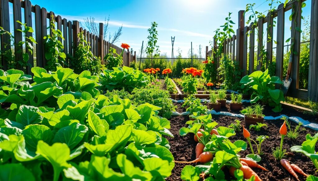 A vibrant vegetable garden in April, showcasing a variety of lush green plants and colorful vegetables. In the foreground, there are rows of leafy greens like spinach and lettuce, alongside blossoming radishes and bright orange carrots peeking from the soil. The middle ground features flowering plants, such as cheerful marigolds and delicate peas climbing on trellises. The background captures a clear blue sky with gentle sunlight filtering through, casting warm, inviting shadows across the garden. The scene is framed with rustic wooden fencing and gardening tools, evoking a sense of warmth and nurturing. The atmosphere is serene and blossoming, ideal for showcasing the energy of spring in a flourishing vegetable garden.