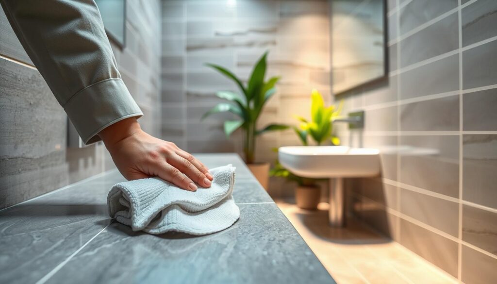 A visually appealing bathroom scene featuring both matte and glossy tiles. In the foreground, a person in professional attire gently wipes a matte tile surface with a soft cloth, showcasing a careful cleaning technique. In the middle, there is a clear distinction between the matte and glossy tiles on the walls, reflecting different finishes, with water droplets glistening on the glossy tiles. The background reveals tasteful bathroom decor, including green plants and soft lighting that creates a tranquil atmosphere. The scene is brightly lit, emphasizing the cleanliness and beauty of both tile types. The angle captures both the working hand and the tile surfaces, inviting viewers to appreciate the care involved in maintaining tile finishes.