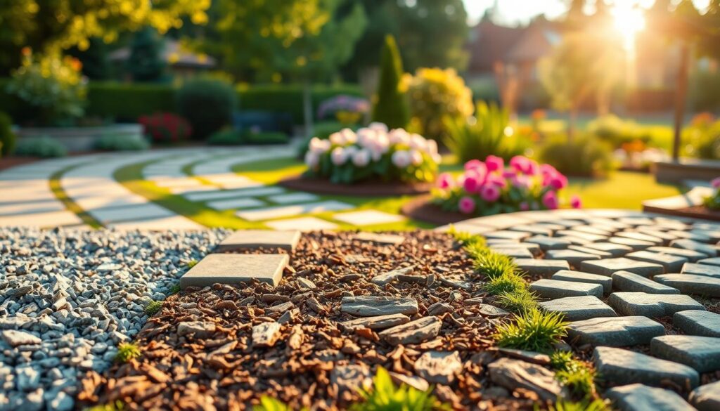 A visually compelling comparison of garden pathway materials, showcasing choices like gravel, paving stones, bark mulch, and cobblestones. In the foreground, feature a split scene with sections of each material, clearly defined and textured to highlight differences. The middle ground shows a well-manicured garden setting, capturing sunlight filtering through lush greenery, enhancing a tranquil atmosphere. In the background, include a softly blurred landscape of a garden with blooming flowers and trees, creating depth. The lighting should be warm and inviting, with a slight golden hour glow, evoking a sense of comfort and choice. The image should be devoid of any text or watermarks, presenting an informative yet aesthetic visual for comparison.