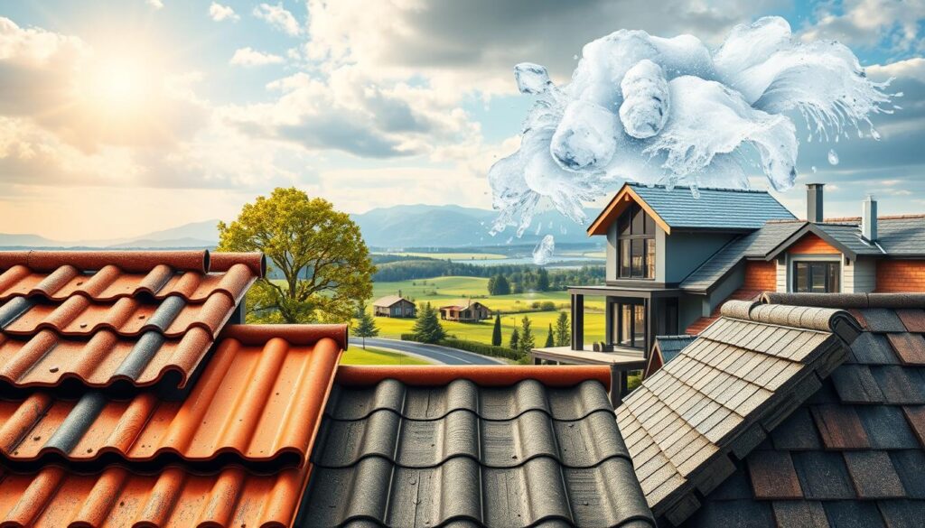 A visually striking image showcasing different roofing materials suited for various climatic conditions. In the foreground, display a variety of roofing options like tiles, metal sheets, and shingles with vibrant textures, colors, and details that reflect their unique properties. The middle section reveals a picturesque landscape transitioning through different weather conditions—sunny, rainy, snowy, and windy—highlighting how each roofing type would perform. In the background, a modern house with contrasting roofing materials depending on the climate, demonstrating aesthetic and functional adaptability. Use soft natural lighting to create an inviting atmosphere, with a slight tilt angle to enhance depth. The overall mood should be informative and engaging, emphasizing the importance of choosing the right roofing for specific environmental challenges. A visually striking image showcasing different roofing materials suited for various climatic conditions. In the foreground, display a variety of roofing options like tiles, metal sheets, and shingles with vibrant textures, colors, and details that reflect their unique properties. The middle section reveals a picturesque landscape transitioning through different weather conditions—sunny, rainy, snowy, and windy—highlighting how each roofing type would perform. In the background, a modern house with contrasting roofing materials depending on the climate, demonstrating aesthetic and functional adaptability. Use soft natural lighting to create an inviting atmosphere, with a slight tilt angle to enhance depth. The overall mood should be informative and engaging, emphasizing the importance of choosing the right roofing for specific environmental challenges.