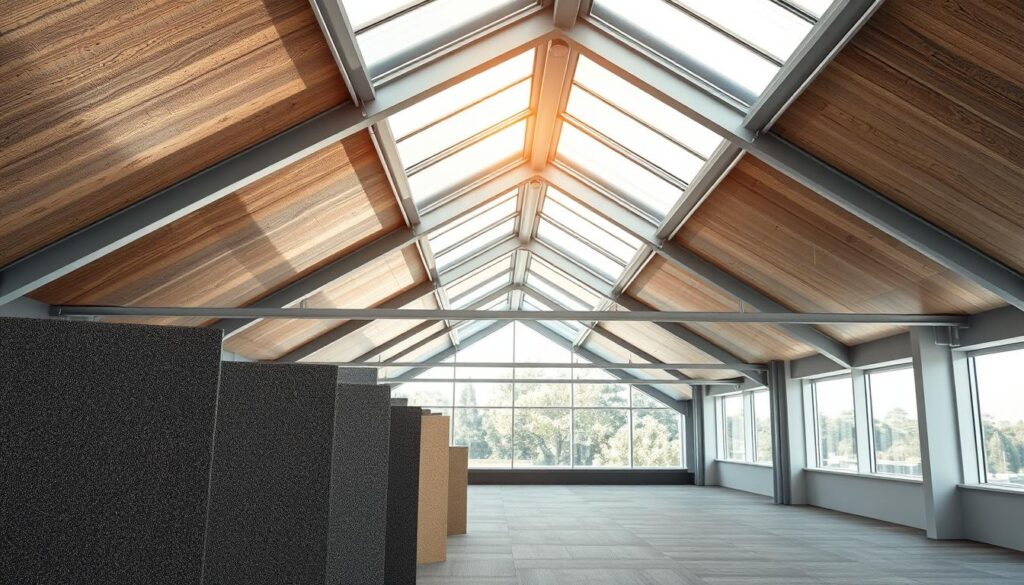 A visually striking interior view of a modern roof space highlighting acoustic paneling and sound insulation materials. In the foreground, display elegant acoustic panels with texture, showcasing a variety of colors and patterns. In the middle, illustrate the sleek roofing structure with metal sheets reflecting soft natural light. Add subtle shadows on the panels to create depth. The background reveals a spacious, well-lit attic with large windows allowing diffused sunlight to filter in, enhancing the atmosphere of tranquility. Use a wide-angle lens to capture the entire space, emphasizing the design's modernity and functionality. The mood should be calm and professional, perfect for illustrating the importance of sound insulation in roofing.
