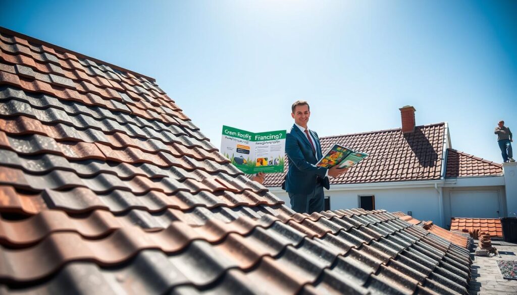 A visually striking scene depicting various roofing materials awaiting installation, showcasing eco-friendly options and modern designs prominently in the foreground. In the middle ground, two professionals in business attire discuss a colorful brochure on green roofing financing programs while pointing at a newly installed roof in the background. Bright, natural lighting illuminates the scene from a clear blue sky, creating a cheerful, optimistic atmosphere. Use a wide-angle lens to capture the vibrant colors of the roofing materials and the interactions between the professionals, suggesting an air of collaboration and opportunity. The overall mood is encouraging and informative, ideal for illustrating available funding programs for roofing. A visually striking scene depicting various roofing materials awaiting installation, showcasing eco-friendly options and modern designs prominently in the foreground. In the middle ground, two professionals in business attire discuss a colorful brochure on green roofing financing programs while pointing at a newly installed roof in the background. Bright, natural lighting illuminates the scene from a clear blue sky, creating a cheerful, optimistic atmosphere. Use a wide-angle lens to capture the vibrant colors of the roofing materials and the interactions between the professionals, suggesting an air of collaboration and opportunity. The overall mood is encouraging and informative, ideal for illustrating available funding programs for roofing.