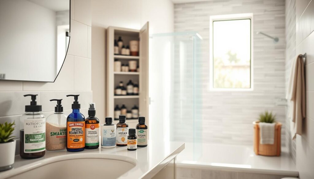 A well-lit bathroom interior showcasing strategies for eliminating silverfish. In the foreground, display a clean, organized bathroom counter featuring various eco-friendly pest control products, such as diatomaceous earth and essential oils. The middle ground includes an open cabinet door revealing a neatly arranged collection of natural remedies and traps, emphasizing a modern, minimalist design. In the background, position a sparkling shower and stylish tiles that underscore cleanliness, creating a fresh atmosphere. Soft, natural lighting flows in from a nearby window, casting gentle shadows that enhance the tranquil mood. The image should evoke a sense of hygiene and effectiveness while embodying a peaceful bathroom setting, reinforcing the theme of pest management.