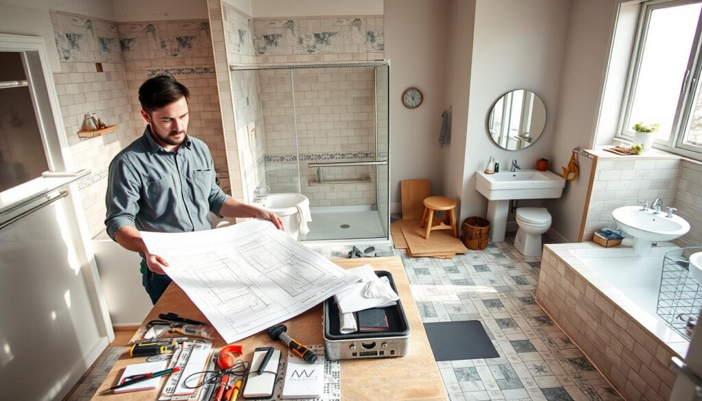A well-lit bathroom renovation scene showcasing the different stages of a bathroom remodel. In the foreground, a professional contractor in modest work attire examines a blueprint on a table surrounded by tools and tiles. In the middle, various elements of the renovation process are visible, such as a partially tiled wall, plumbing work being installed, and a floor in the process of being laid. The background features a completed section of the bathroom, with modern fixtures and stylish decor, illustrating the transformation. Natural light filters through a window, creating a warm atmosphere that contrasts with the organized chaos of renovation work, highlighting both the excitement and complexity of the project. The perspective should be slightly from above to capture the entire scene effectively.