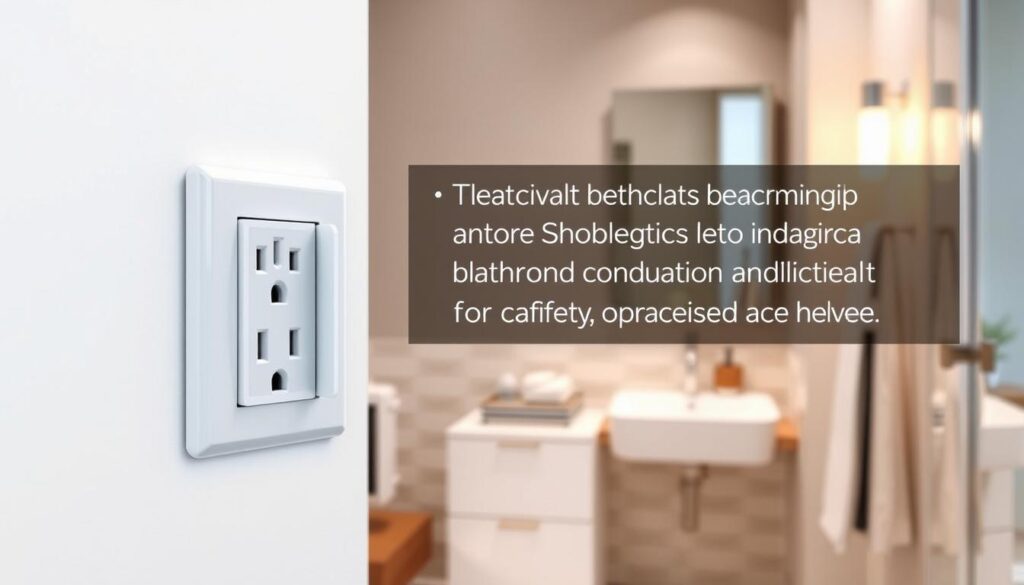 A well-organized bathroom scene illustrating the ideal height for electrical outlets specifically designed for safety and convenience. In the foreground, a close-up view of an electrical outlet installed at recommended height on a wall, equipped with a protective cover. In the middle, a stylish bathroom setting featuring modern fixtures, such as a sink and mirror, with soft, diffused lighting creating a warm and inviting atmosphere. The background showcases elegant tiles and complementary decor. The angle should capture both the outlet and the context of the bathroom, emphasizing its practical placement. The overall mood is informative and modern, reflecting a focus on safety and user-friendly design. No text or overlays included.