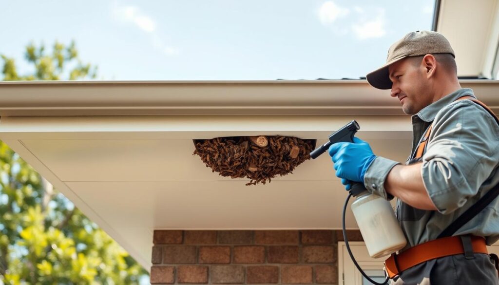 A well-organized scene showcasing effective methods for eliminating wasp nests under a roof. In the foreground, a professional in modest casual clothing carefully inspects a wasp nest situated near the eaves, equipped with protective gloves and a sprayer. In the middle ground, the focus shifts to the nest itself, clearly detailed with numerous wasps, showcasing typical outdoor elements like wood and shingles. In the background, a serene suburban setting with a clear blue sky, soft sunlight illuminating the scene and casting gentle shadows. The mood conveys safety and professionalism, highlighting a methodical approach to pest control while ensuring the viewer feels reassured about the process.