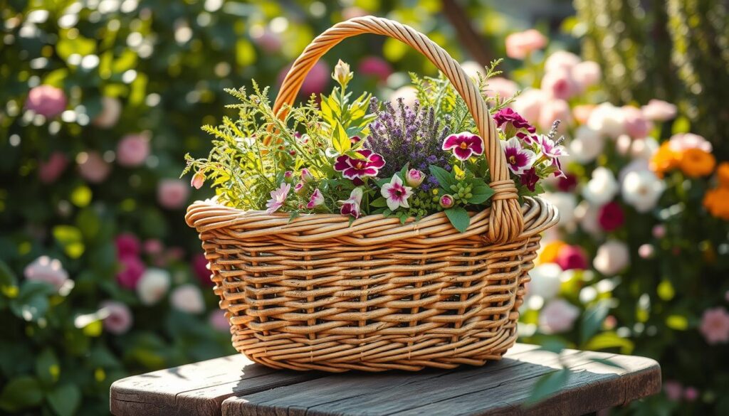 A wicker basket filled with vibrant, flourishing plants, showcasing a variety of herbs and flowers, arranged artfully for a garden setting. The basket rests on a rustic wooden table, surrounded by lush greenery and blooming flowers in the background, creating a serene and inviting atmosphere. Soft, natural sunlight filters through leaves, casting gentle shadows that enhance the textures of the wicker. The image is captured from a slightly elevated angle, emphasizing the basket as the focal point while smoothly blending the natural elements surrounding it. The overall mood is warm and tranquil, illustrating the beauty of using a wicker basket in garden decor and DIY projects.