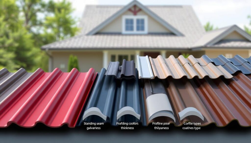 An educational illustration of various types of roofing sheets, showcasing different materials and textures. In the foreground, display a variety of metal roofing panels, including standing seam, corrugated, and tile-like designs, emphasizing their unique surface finishes and colors—some glossy, some matte. In the middle ground, arrange a selection of profile comparisons, highlighting differences in thickness and coating types, such as galvanized and painted finishes. The background features a soft, blurred image of a house with a prominent roof, suggesting the practicality of these roofing types in real-life applications. Use bright, natural lighting to enhance the textures and colors, with a slight overhead angle to capture depth and detail, creating an informative and professional atmosphere.
