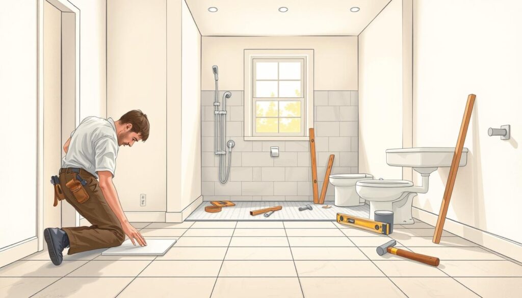 Create a detailed illustration of the step-by-step renovation process of a bathroom, depicting various stages of work. In the foreground, show a professional contractor wearing modest work attire, actively installing tiles on the floor. In the middle, portray a partially renovated bathroom featuring exposed plumbing, freshly painted walls, and tools scattered around, like a level and hammer. In the background, include a window that lets in natural light, enhancing the warm atmosphere. The scene should capture a sense of progress and organization, with soft, diffused lighting to evoke focus and clarity in this renovation journey. Aim for a clean, modern aesthetic that illustrates the practical aspects of bathroom remodeling, while making sure the image stands out visually.