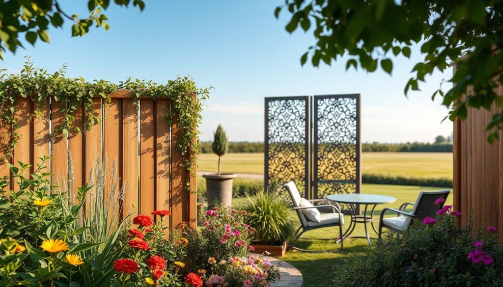 Create an image of a serene garden featuring decorative panels and screens as aesthetic elements. In the foreground, showcase lush greenery and vibrant flowers, incorporating stylish wooden or metal panels adorned with climbing plants for a natural, inviting look. In the middle ground, include elegantly designed screens, perhaps with intricate cut-out patterns, surrounded by neatly arranged garden furniture. The background should have a soft-focus view of a well-maintained lawn and a clear blue sky, indicating a sunny day. Utilize warm, soft lighting to create a comfortable and welcoming atmosphere. Capture this scene from a slightly elevated angle, allowing viewers to appreciate the harmonious blend of the panels within the garden setting.
