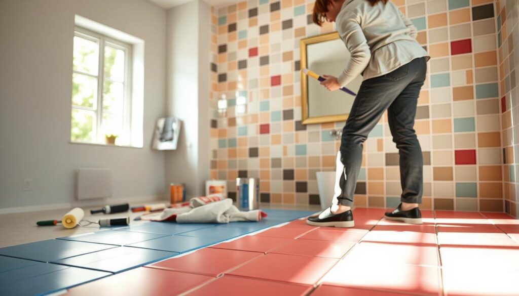 In a brightly lit bathroom setting, a person in a smart casual outfit is carefully painting ceramic tiles with a brush. The foreground features vibrant, partially painted tiles showcasing a pleasing contrast between the old and new colors, emphasizing the transformation process. The middle ground captures various painting tools, such as a roller, paint can, and drop cloth, scattered around a clean, organized workspace. In the background, a mirror reflects the tiled wall, with soft natural light streaming in from a nearby window, creating a warm ambiance. The overall atmosphere is one of creativity and home improvement, focusing on the meticulous steps of painting tiles effectively. In a brightly lit bathroom setting, a person in a smart casual outfit is carefully painting ceramic tiles with a brush. The foreground features vibrant, partially painted tiles showcasing a pleasing contrast between the old and new colors, emphasizing the transformation process. The middle ground captures various painting tools, such as a roller, paint can, and drop cloth, scattered around a clean, organized workspace. In the background, a mirror reflects the tiled wall, with soft natural light streaming in from a nearby window, creating a warm ambiance. The overall atmosphere is one of creativity and home improvement, focusing on the meticulous steps of painting tiles effectively.